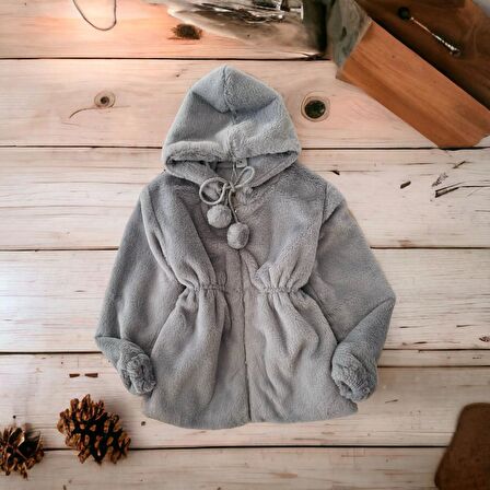 Miniğimin Cicileri Pelüş Kız Çocuk Kapüşonlu Kız Çocuk Mont - Duman