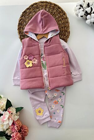 Miniğimin Cicileri Papatya Desenli Kız Bebek 3 Lü Kışlık yelekli Takım - Mor