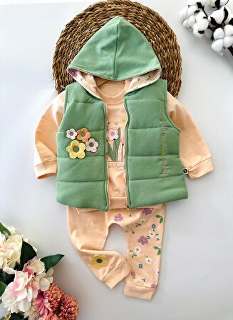 Miniğimin Cicileri Papatya Desenli Kız Bebek 3 Lü Kışlık yelekli Takım - Yeşil