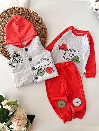 Miniğimin Cicileri Erkek Bebek Yelekli Kapişonlu 3 lü Takım - Turuncu