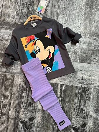 Miniğimin Cicileri Minnie Füme Garnili Fitilli Taytlı Mevsimlik Kız Çocuk Takım - Mor