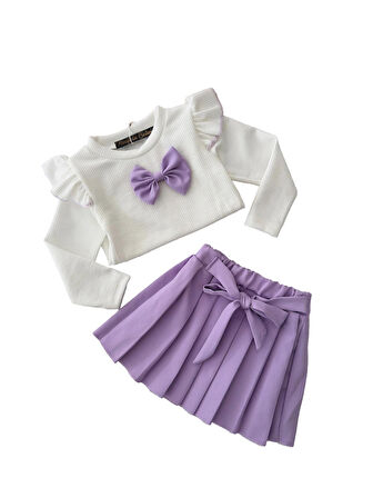 Miniğimin Cicileri Fiyonk Detaylı Pileli Etek Kız Çocuk Takım - Leylak