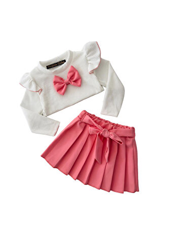 Miniğimin Cicileri Fiyonk Detaylı Pileli Etek Kız Çocuk Takım - Mercan