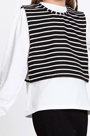 Miniğimin Cicileri Çizgili Yelekli Yırtmaçlı Kız Çocuk 3 lü Takım