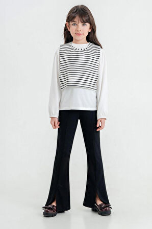 Miniğimin Cicileri Çizgili Yelekli Yırtmaçlı Kız Çocuk 3 lü Takım - Beyaz