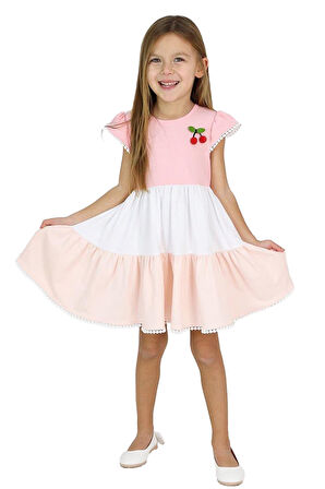 Miniğimin Cicileri Kiraz Detaylı Pamuk Koton Renkli Kız Çocuk Elbise - Mercan