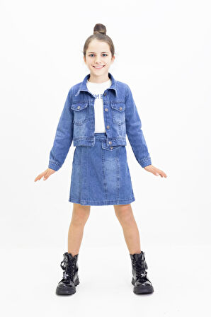 Miniğimin Cicileri Denim Kot Ceket ,Şortetek ve Badi 3 lü kombin - Mavi