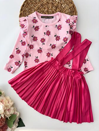 Miniğimin Cicileri Pilise Deri Salopet ve Papatya Baskılı Kız çocuk Takım - Pembe