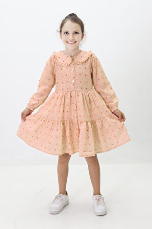 Miniğimin Cicileri Çiçek Baskılı Düğmeli Kız Çocuk Astarlı Elbise - Somon