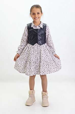 Miniğimin Cicileri Deri Yelekli Kız Çocuk Düğmeli Elbise Takım - Siyah