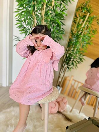 Miniğimin Cicileri Yıldız Yaldızlı Kız Çocuk Müslin Elbise - Pembe