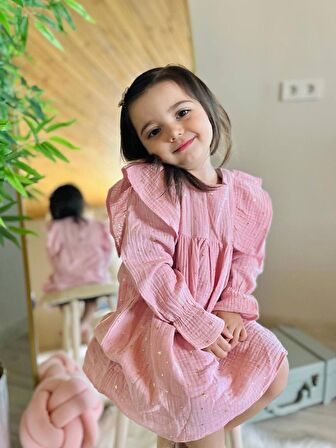 Miniğimin Cicileri Yıldız Yaldızlı Kız Çocuk Müslin Elbise - Pembe