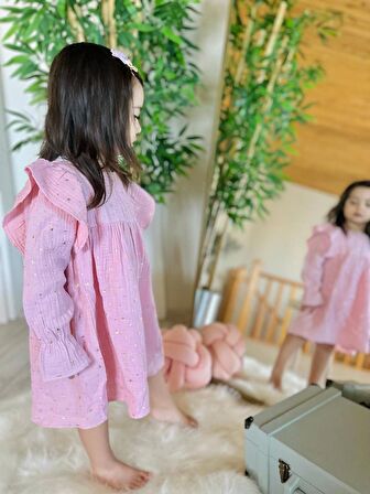 Miniğimin Cicileri Yıldız Yaldızlı Kız Çocuk Müslin Elbise - Pembe