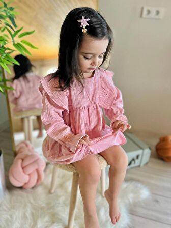 Miniğimin Cicileri Yıldız Yaldızlı Kız Çocuk Müslin Elbise - Pembe