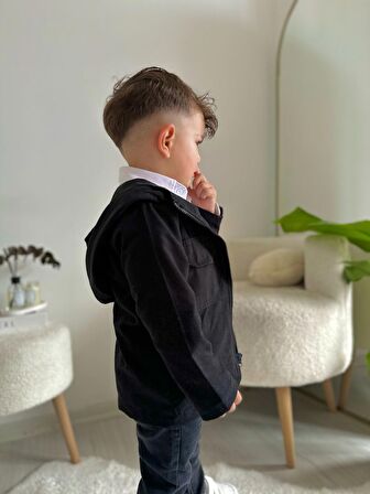 Miniğimin Cicileri Trençkotlu Kapüşonlu 3'lü Erkek Çocuk Kotlu Takım - Siyah