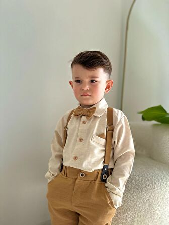 Miniğimin Cicileri Askı Papyonlu Pamuk Keten Erkek Çocuk Renkli Takım - Sütlü Kahve