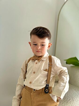 Miniğimin Cicileri Askı Papyonlu Pamuk Keten Erkek Çocuk Renkli Takım - Sütlü Kahve