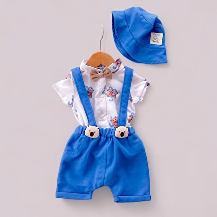 Miniğimin Cicileri Şapkalı Bear Desenli Şortlu Erkek Bebek 3 lü Takım - Mavi