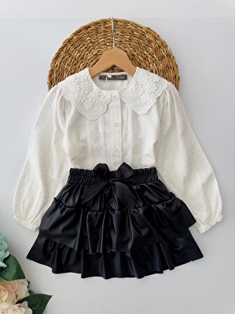 Miniğimin Cicileri Fiyonklu Deri Etekli Güpür Yakalı Kız Takım - Siyah