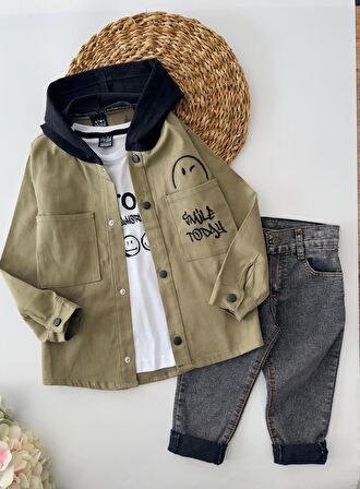 Miniğimin Cicileri Smile Today 3 Lü Erkek Çocuk Keten Takım - Haki