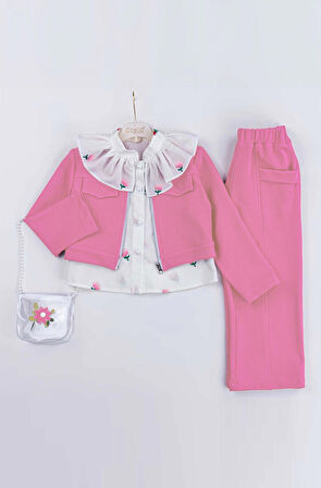 Miniğimin Cicileri Şeffaf Çantalı Lale Desen Ceketli Takım 4 lü - Pembe
