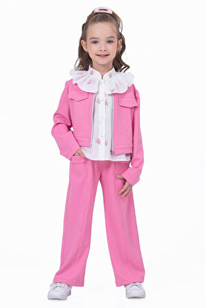 Miniğimin Cicileri Şeffaf Çantalı Lale Desen Ceketli Takım 4 lü - Pembe