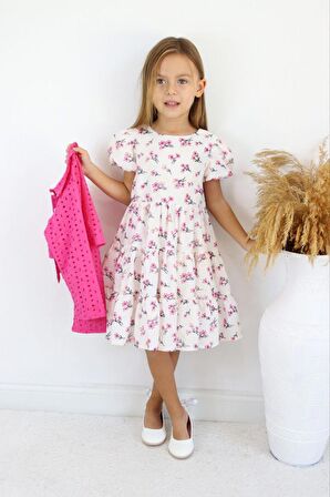 Miniğimin Cicileri Mini Çiçek Desenli Fisto Ceketli Kız Çocuk İkili Takım - Fuşya