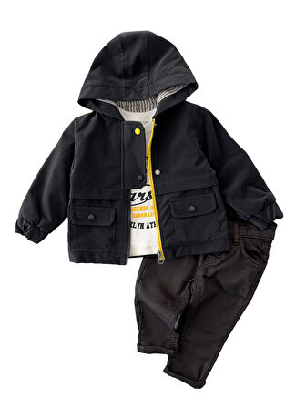 Miniğimin Cicileri Çift Renkli Fermuarlı Deri Montlu Erkek Çocuk 3 lü - Siyah