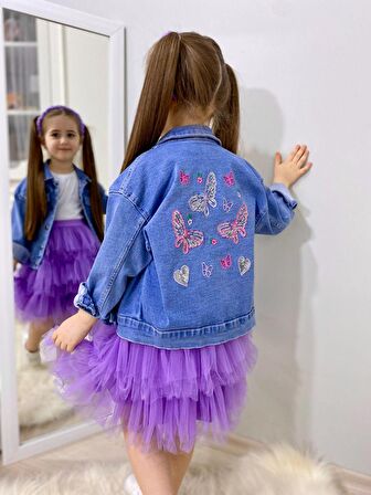 Miniğimin Cicileri Tütü Etekli Kelebek İşlemeli Kız Çocuk Ceketli Takım - Mor