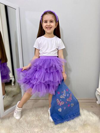 Miniğimin Cicileri Tütü Etekli Kelebek İşlemeli Kız Çocuk Ceketli Takım - Mor