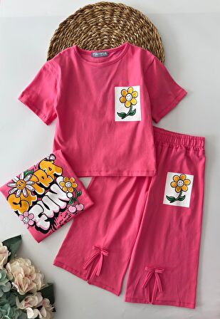 Miniğimin Cicileri Fun Arka ve ön Baskılı Yırtmaç Detaylı 2 li Takım - Fuşya