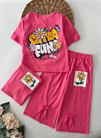 Miniğimin Cicileri Fun Arka ve ön Baskılı Yırtmaç Detaylı 2 li Takım - Fuşya