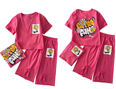 Miniğimin Cicileri Fun Arka ve ön Baskılı Yırtmaç Detaylı 2 li Takım - Fuşya