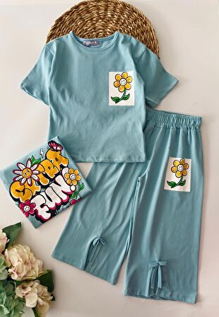 Miniğimin Cicileri Fun Arka ve ön Baskılı Yırtmaç Detaylı 2 li Takım - Su Yeşili