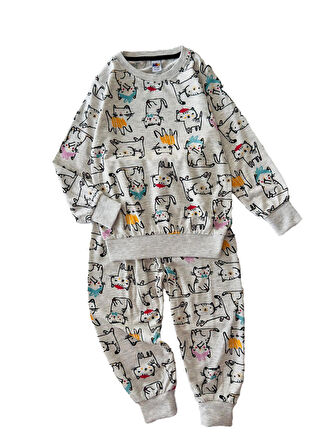 Miniğimin Cicileri Kedi Karakterli Penye Pijama Takımı - Gri