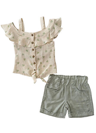 Miniğimin Cicileri Kayık Yaka Kalp Desenli Müslin Şortlu Takım - Yeşil