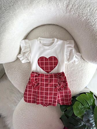 Miniğimin Cicileri Ekose Şort Etekli Kalpli Kız 2 li Takım - Kırmızı