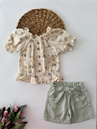 Miniğimin Cicileri Karpuz kol Kayık Yaka Şortlu Müslin Takım - Yeşil