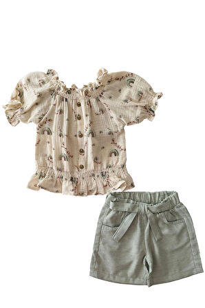 Miniğimin Cicileri Karpuz kol Kayık Yaka Şortlu Müslin Takım - Yeşil