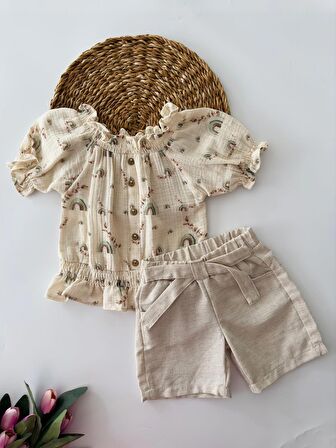 Miniğimin Cicileri Karpuz kol Kayık Yaka Şortlu Müslin Takım - YeşilTaş