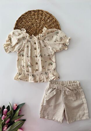 Miniğimin Cicileri Karpuz kol Kayık Yaka Şortlu Müslin Takım - YeşilTaş