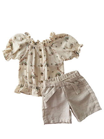 Miniğimin Cicileri Karpuz kol Kayık Yaka Şortlu Müslin Takım - YeşilTaş