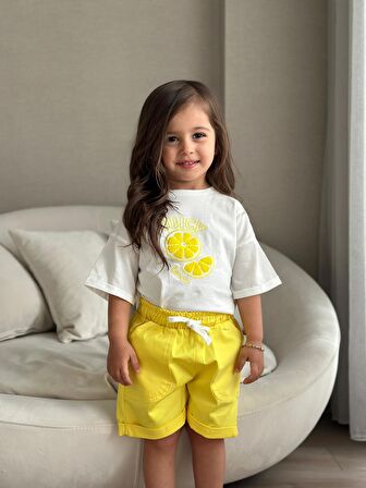 Miniğimin Cicileri Limon Aplike İşleme Şortlu Kız Çocuk Takım - Sarı