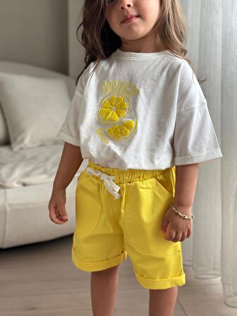 Miniğimin Cicileri Limon Aplike İşleme Şortlu Kız Çocuk Takım - Sarı