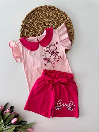 Miniğimin Cicileri Bambi Desenli Kız Çocuk Şortlu Yazlık Takım - Fuşya