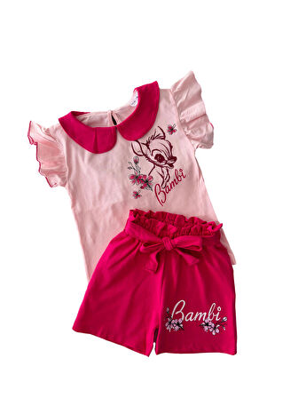Miniğimin Cicileri Bambi Desenli Kız Çocuk Şortlu Yazlık Takım - Fuşya