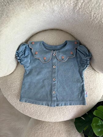 Miniğimin Cicileri Yaka Çiçek Detaylı Bebek Yumuşak Kot Takım - Mavi