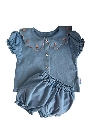 Miniğimin Cicileri Yaka Çiçek Detaylı Bebek Yumuşak Kot Takım - Mavi