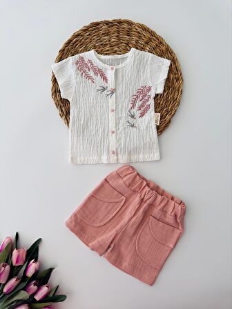 Miniğimin Cicileri Yeşil Kız Bebek Dal Nakışlı Müslin Kumaş Şortlu Takım - Gül Kurusu