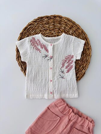 Miniğimin Cicileri Yeşil Kız Bebek Dal Nakışlı Müslin Kumaş Şortlu Takım - Gül Kurusu